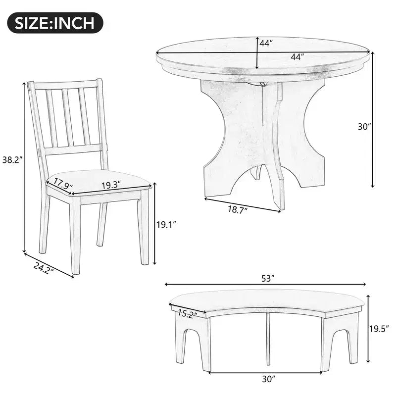 Ensemble de salle à manger 5 pièces « Charme rustique », comprenant une table ronde, 3 chaises rembourrées et un banc incurvé, pour salle à manger ou cuisine