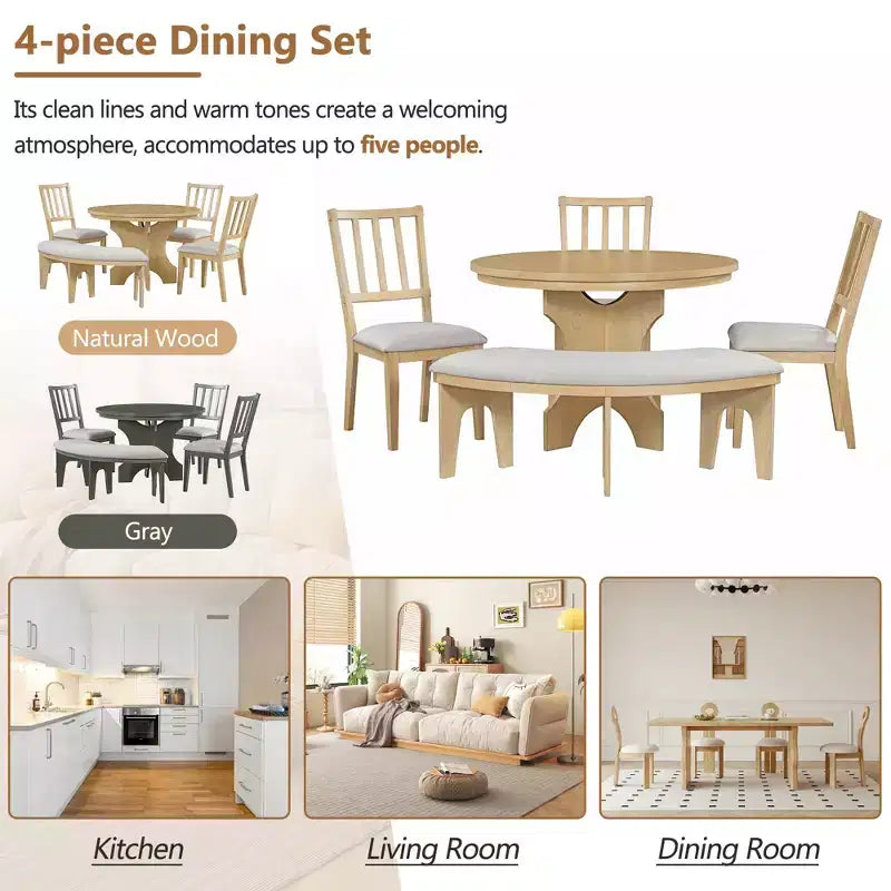Ensemble de salle à manger 5 pièces « Charme rustique », comprenant une table ronde, 3 chaises rembourrées et un banc incurvé, pour salle à manger ou cuisine