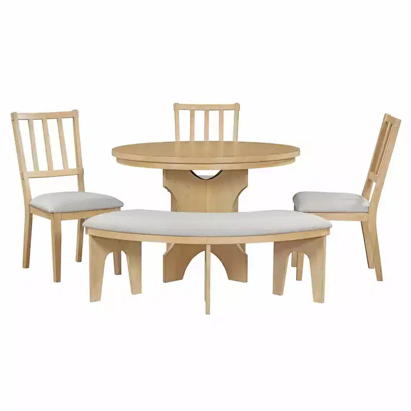 Ensemble de salle à manger 5 pièces « Charme rustique », comprenant une table ronde, 3 chaises rembourrées et un banc incurvé, pour salle à manger ou cuisine