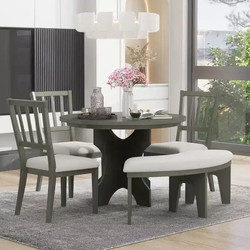 Ensemble de salle à manger 5 pièces « Charme rustique », comprenant une table ronde, 3 chaises rembourrées et un banc incurvé, pour salle à manger ou cuisine