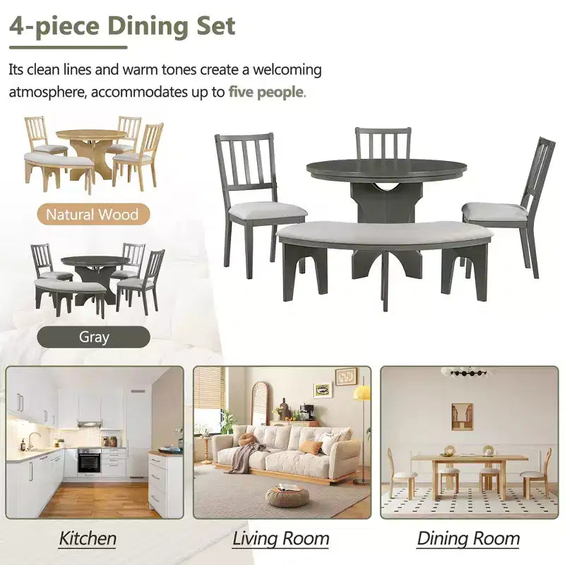 Ensemble de salle à manger 5 pièces « Charme rustique », comprenant une table ronde, 3 chaises rembourrées et un banc incurvé, pour salle à manger ou cuisine