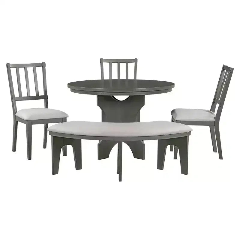 Ensemble de salle à manger 5 pièces « Charme rustique », comprenant une table ronde, 3 chaises rembourrées et un banc incurvé, pour salle à manger ou cuisine