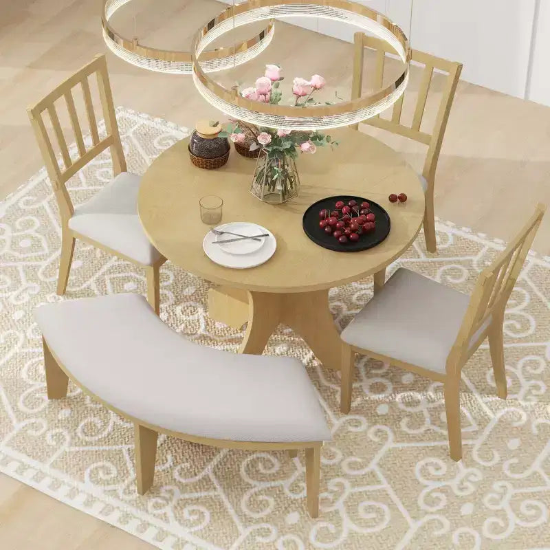 Ensemble de salle à manger 5 pièces « Charme rustique », comprenant une table ronde, 3 chaises rembourrées et un banc incurvé, pour salle à manger ou cuisine