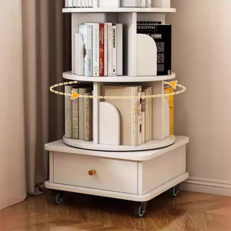 Bibliothèque rotative à 360° à 6 niveaux avec roulettes et tiroir, bibliothèque peu encombrante pour chambre et bureau à domicile