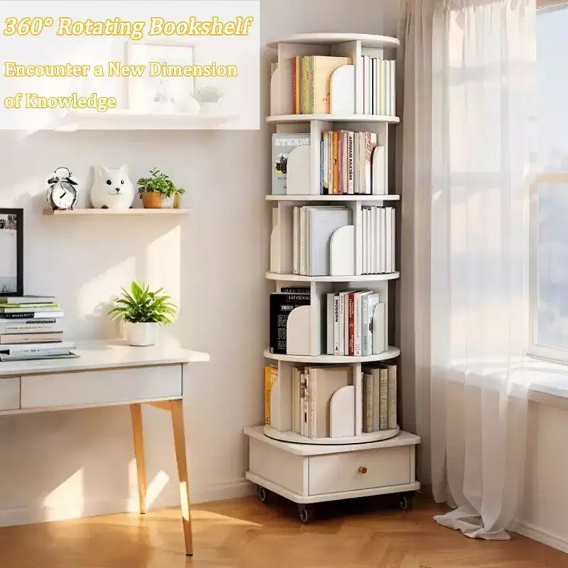 Bibliothèque rotative à 360° à 6 niveaux avec roulettes et tiroir, bibliothèque peu encombrante pour chambre et bureau à domicile