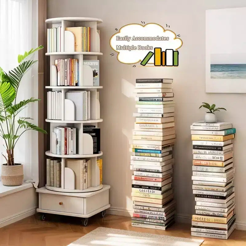 Bibliothèque rotative à 360° à 6 niveaux avec roulettes et tiroir, bibliothèque peu encombrante pour chambre et bureau à domicile