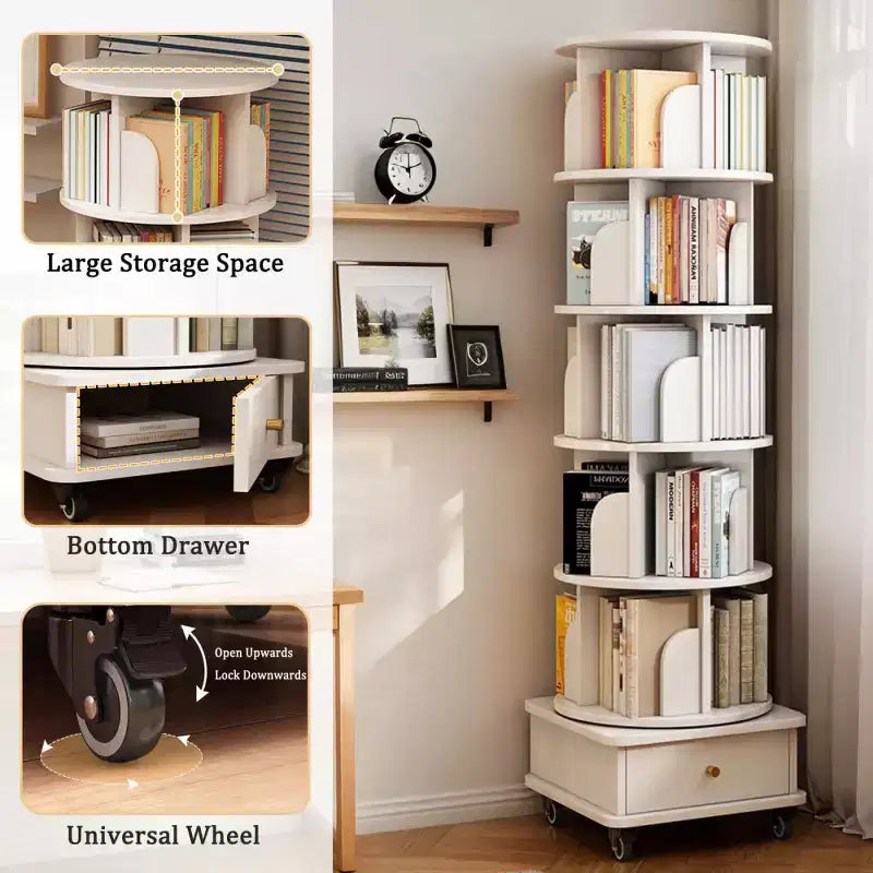 Bibliothèque rotative à 360° à 6 niveaux avec roulettes et tiroir, bibliothèque peu encombrante pour chambre et bureau à domicile