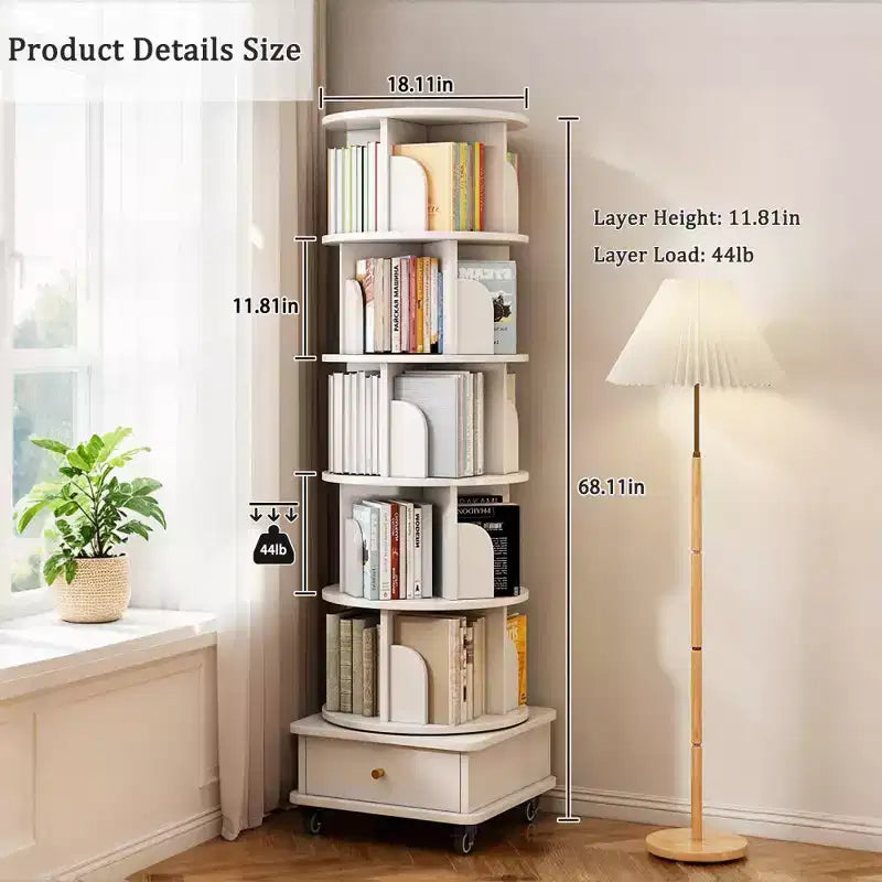 Bibliothèque rotative à 360° à 6 niveaux avec roulettes et tiroir, bibliothèque peu encombrante pour chambre et bureau à domicile