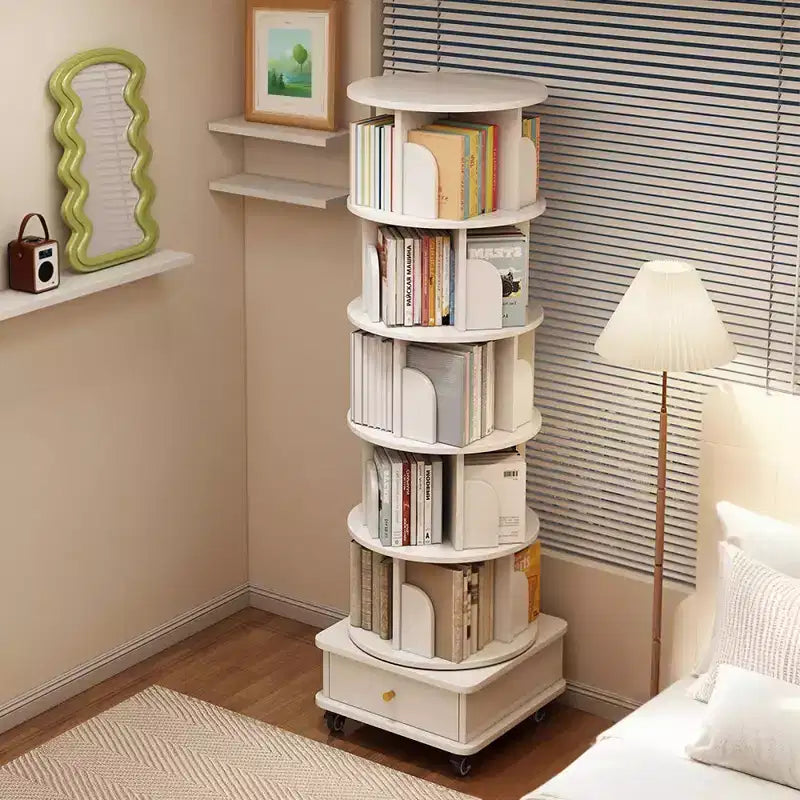 Bibliothèque rotative à 360° à 6 niveaux avec roulettes et tiroir, bibliothèque peu encombrante pour chambre et bureau à domicile