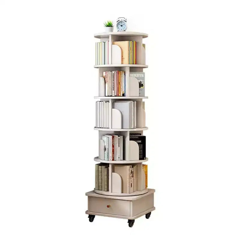 Bibliothèque rotative à 360° à 6 niveaux avec roulettes et tiroir, bibliothèque peu encombrante pour chambre et bureau à domicile