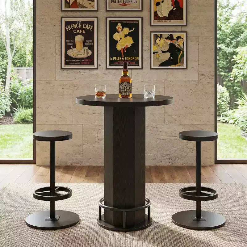 Ensemble de table de bistrot moderne de style ferme ronde de 60 cm avec 2 tabourets, plateau rustique en MDF et base piédestal en métal, table de bar de 96 cm de hauteur avec repose-pieds