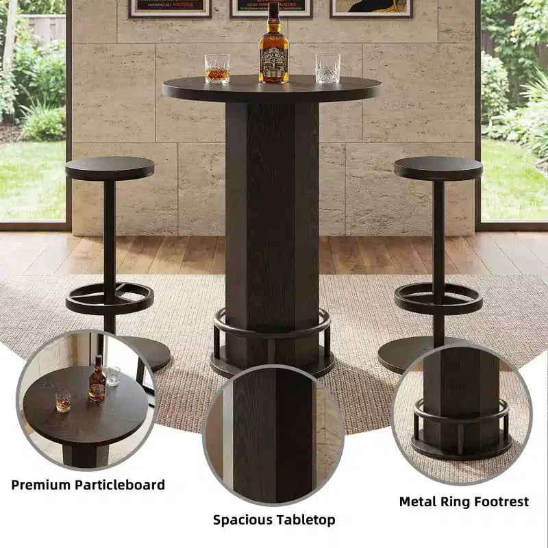 Ensemble de table de bistrot moderne de style ferme ronde de 60 cm avec 2 tabourets, plateau rustique en MDF et base piédestal en métal, table de bar de 96 cm de hauteur avec repose-pieds