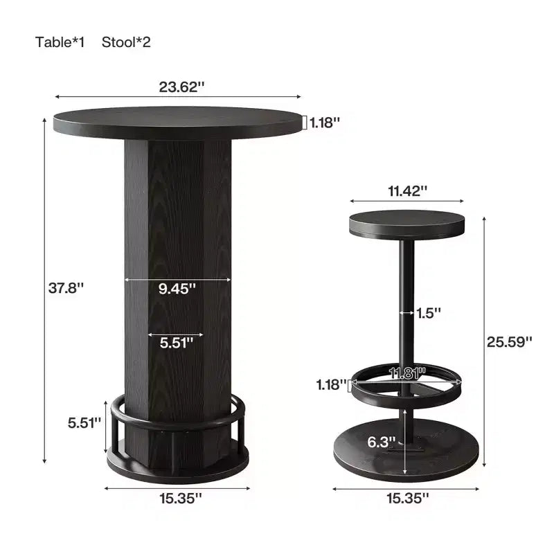 Ensemble de table de bistrot moderne de style ferme ronde de 60 cm avec 2 tabourets, plateau rustique en MDF et base piédestal en métal, table de bar de 96 cm de hauteur avec repose-pieds