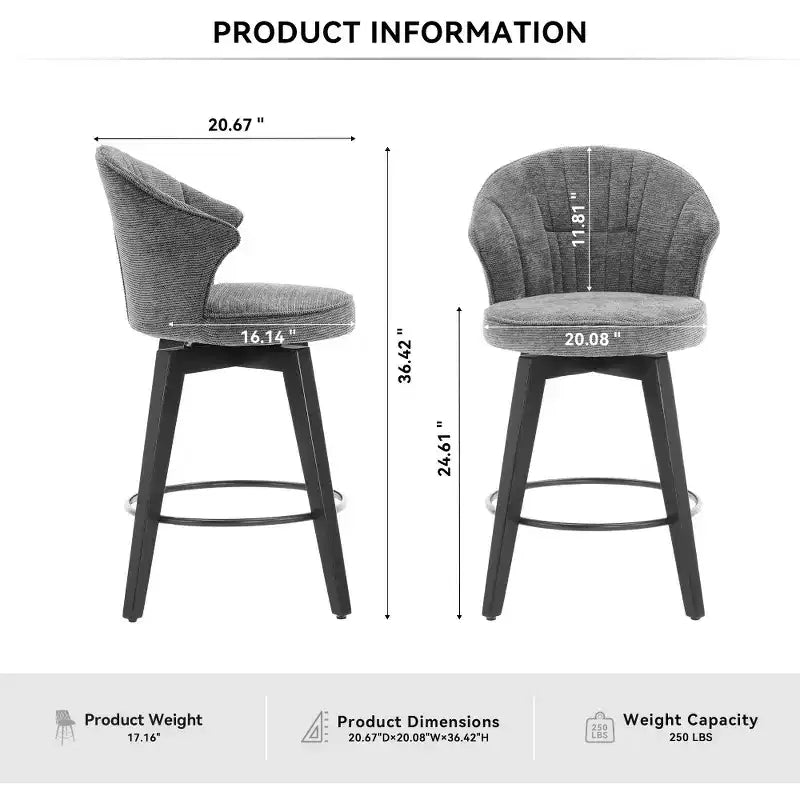 2 Tabourets de bar pivotants Wingback 25 avec revêtement en chenille, pieds en bois et hauteur réglable