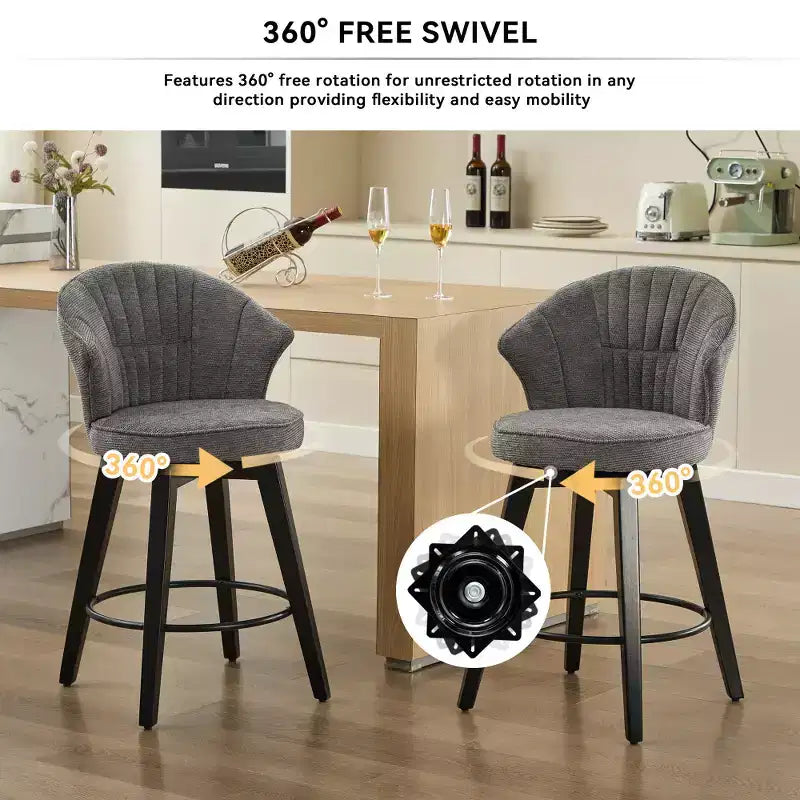 2 Tabourets de bar pivotants Wingback 25 avec revêtement en chenille, pieds en bois et hauteur réglable