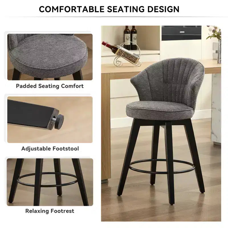2 Tabourets de bar pivotants Wingback 25 avec revêtement en chenille, pieds en bois et hauteur réglable