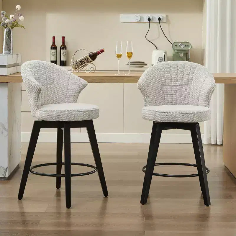 2 Tabourets de bar pivotants Wingback 25 avec revêtement en chenille, pieds en bois et hauteur réglable