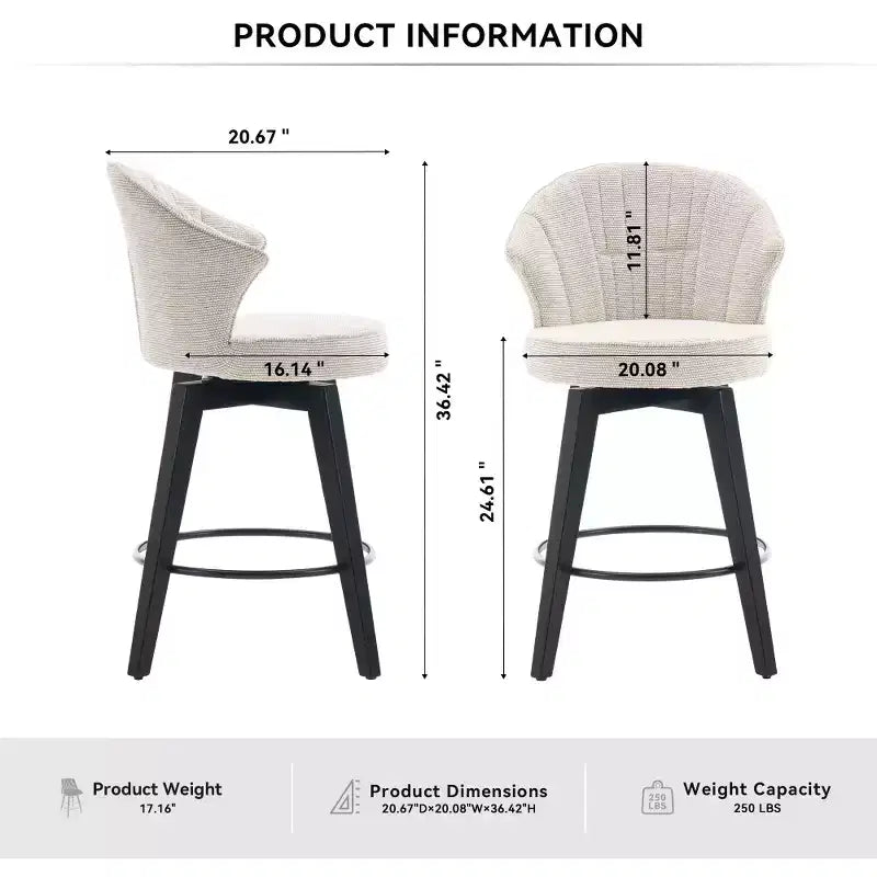 2 Tabourets de bar pivotants Wingback 25 avec revêtement en chenille, pieds en bois et hauteur réglable