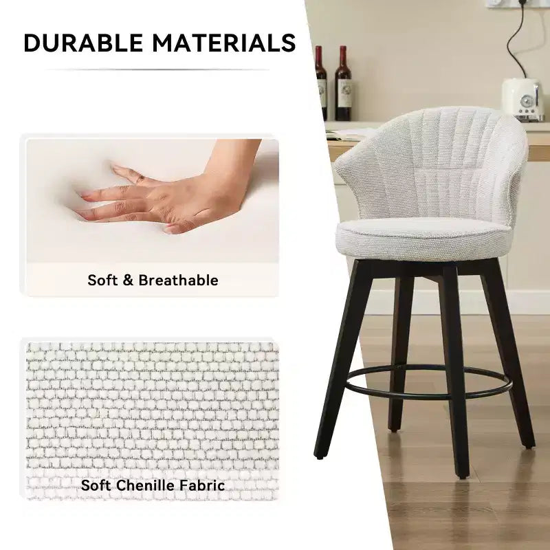 2 Tabourets de bar pivotants Wingback 25 avec revêtement en chenille, pieds en bois et hauteur réglable