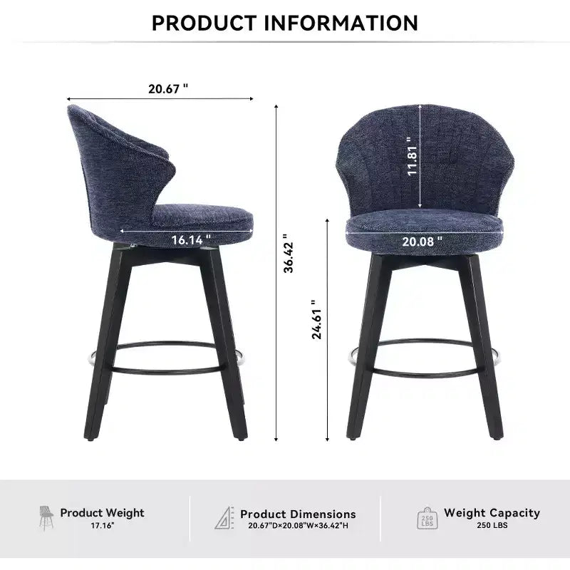 2 Tabourets de bar pivotants Wingback 25 avec revêtement en chenille, pieds en bois et hauteur réglable
