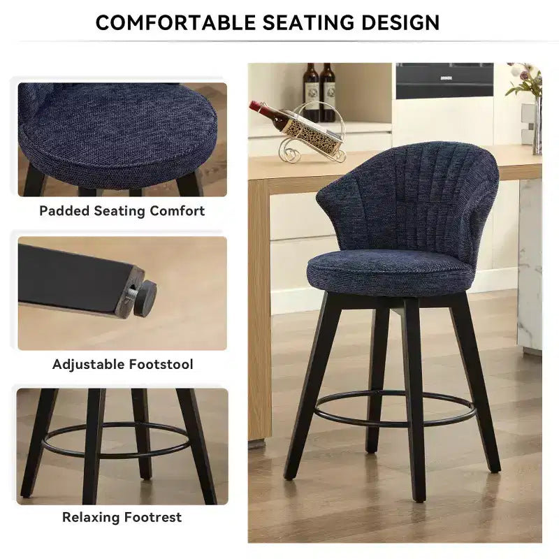 2 Tabourets de bar pivotants Wingback 25 avec revêtement en chenille, pieds en bois et hauteur réglable
