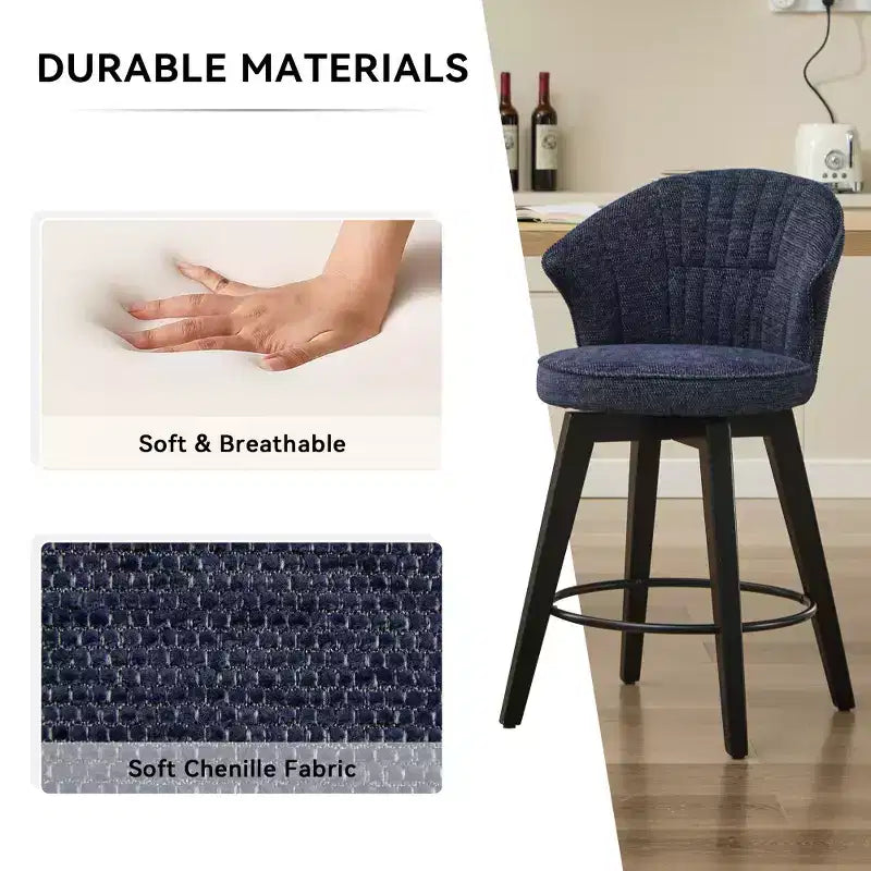2 Tabourets de bar pivotants Wingback 25 avec revêtement en chenille, pieds en bois et hauteur réglable