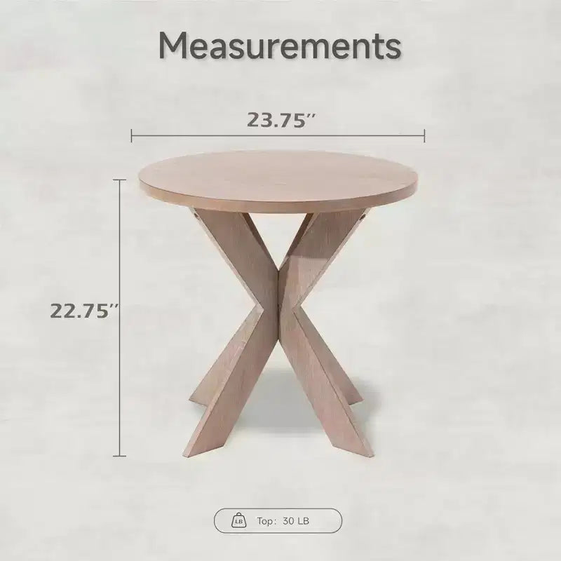 Bout de canapé rond en bois style fermette avec pieds croisés, finition gris vintage