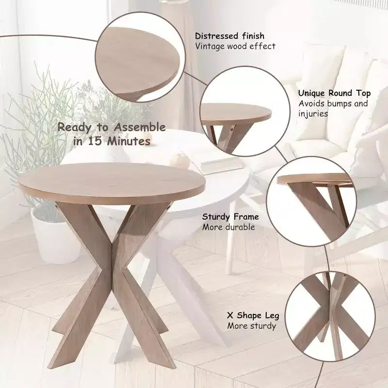 Bout de canapé rond en bois style fermette avec pieds croisés, finition gris vintage