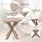 Bout de canapé rond en bois style fermette avec pieds croisés, finition gris vintage