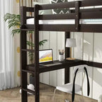 Lit mezzanine double en bois avec bureau intégré, garde-corps de sécurité, échelle, marron