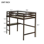 Lit mezzanine double en bois avec bureau intégré, garde-corps de sécurité, échelle, marron