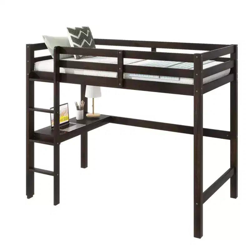 Lit mezzanine double en bois avec bureau intégré, garde-corps de sécurité, échelle, marron