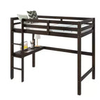 Lit mezzanine double en bois avec bureau intégré, garde-corps de sécurité, échelle, marron