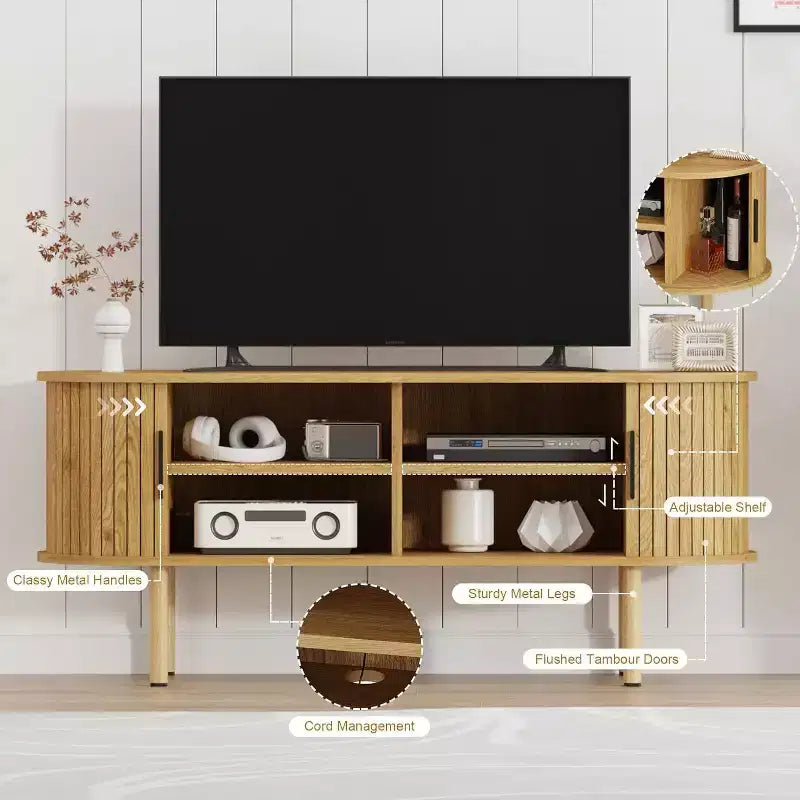 Meuble TV de 120 cm, Meuble TV moderne avec portes coulissantes et rangements, pour Salon, Chambre