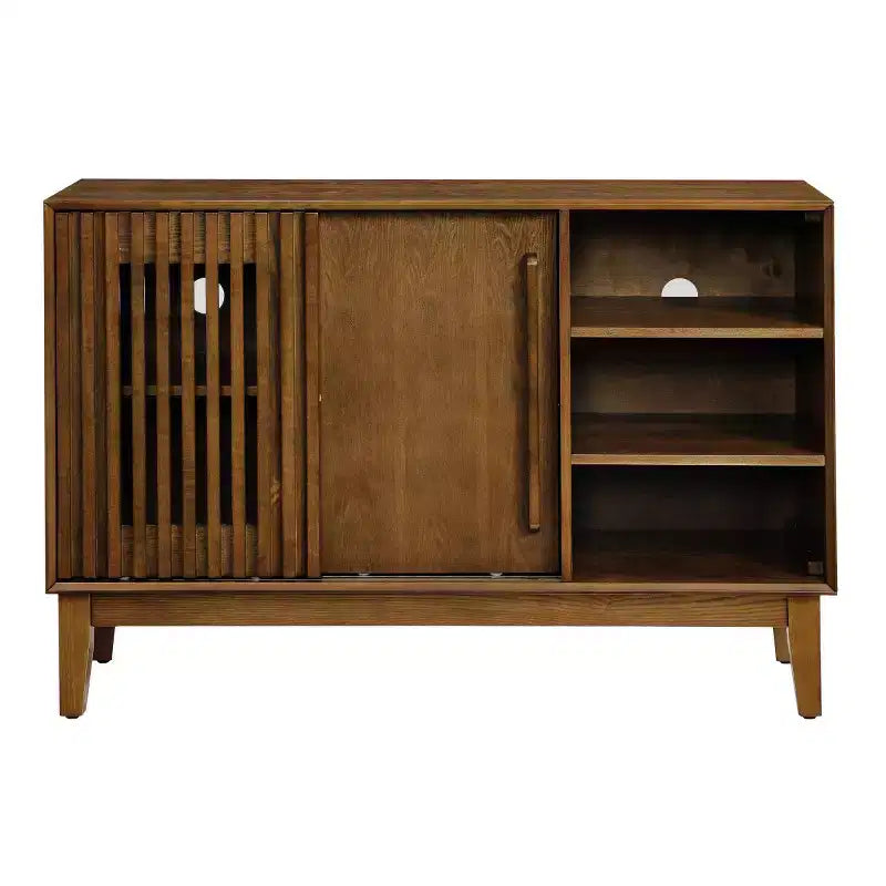 Meuble TV et buffet de rangement Mid-Century Modern de 47 po avec porte coulissante à lattes et pieds en bois massif