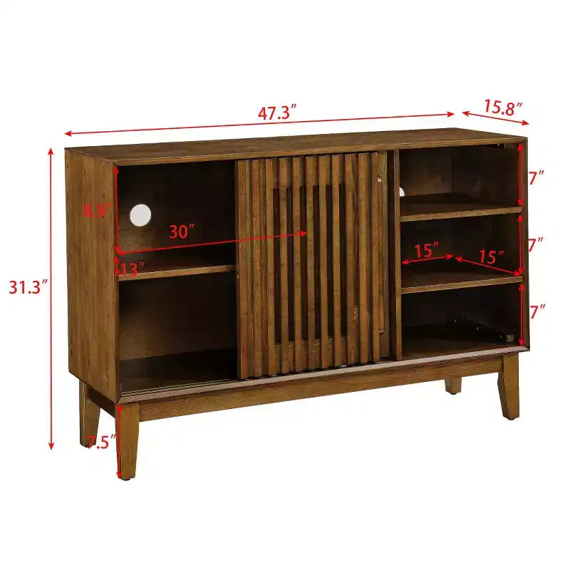 Meuble TV et buffet de rangement Mid-Century Modern de 47 po avec porte coulissante à lattes et pieds en bois massif