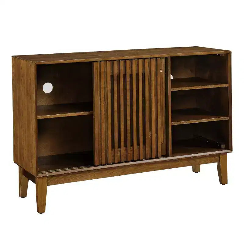 Meuble TV et buffet de rangement Mid-Century Modern de 47 po avec porte coulissante à lattes et pieds en bois massif