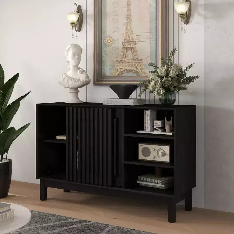 Meuble TV et buffet de rangement Mid-Century Modern de 47 po avec porte coulissante à lattes et pieds en bois massif