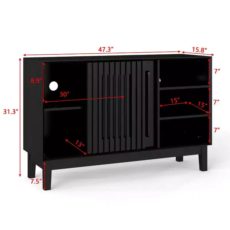 Meuble TV et buffet de rangement Mid-Century Modern de 47 po avec porte coulissante à lattes et pieds en bois massif