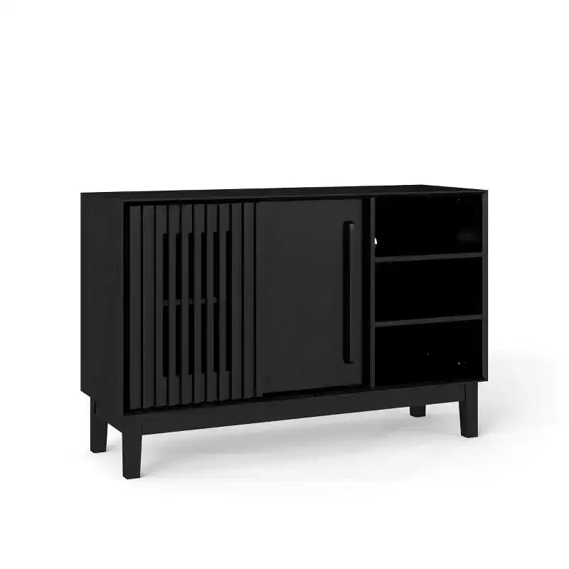 Meuble TV et buffet de rangement Mid-Century Modern de 47 po avec porte coulissante à lattes et pieds en bois massif