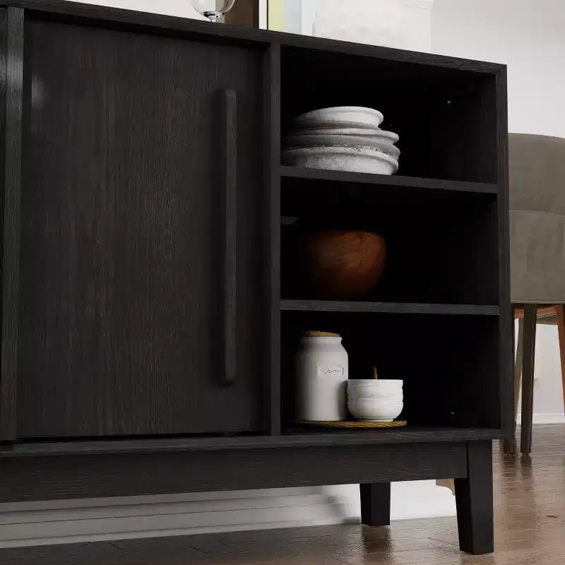 Meuble TV et buffet de rangement Mid-Century Modern de 47 po avec porte coulissante à lattes et pieds en bois massif