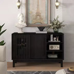 47 Mid-Century Modern Sideboard & TV Stand, Buffet Storage Cabinet with Sliding Slat Door, Solid Wood Legs - Panipeachy