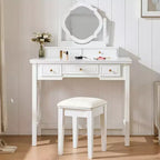 Coiffeuse avec miroir réversible, tabouret en similicuir et 5 tiroirs