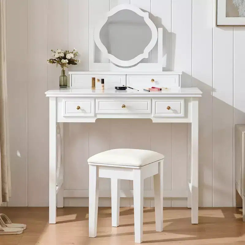 Coiffeuse avec miroir réversible, tabouret en similicuir et 5 tiroirs