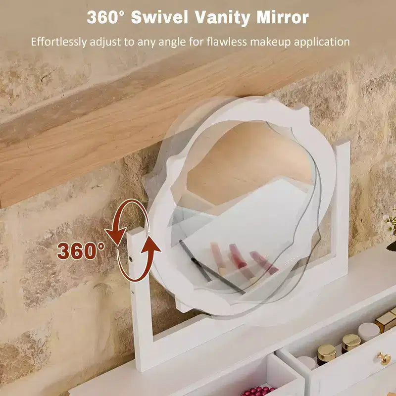 Coiffeuse avec miroir réversible, tabouret en similicuir et 5 tiroirs