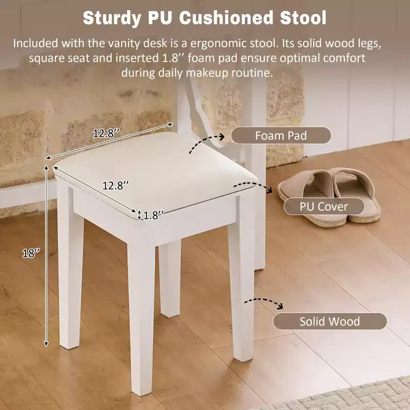 Coiffeuse avec miroir réversible, tabouret en similicuir et 5 tiroirs