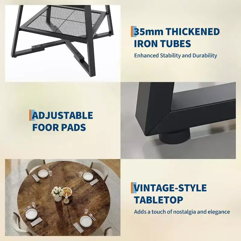 Table à manger ronde pour 4, Table de cuisine de 42 pouces avec étagère de rangement, Design de ferme en bois et métal, Table à manger familiale pour 4-6 personnes