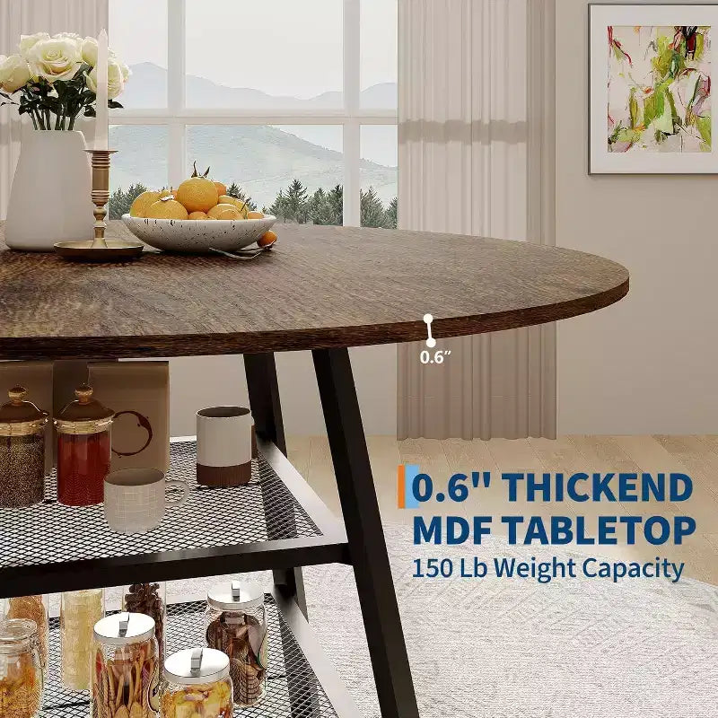 Table à manger ronde pour 4, Table de cuisine de 42 pouces avec étagère de rangement, Design de ferme en bois et métal, Table à manger familiale pour 4-6 personnes