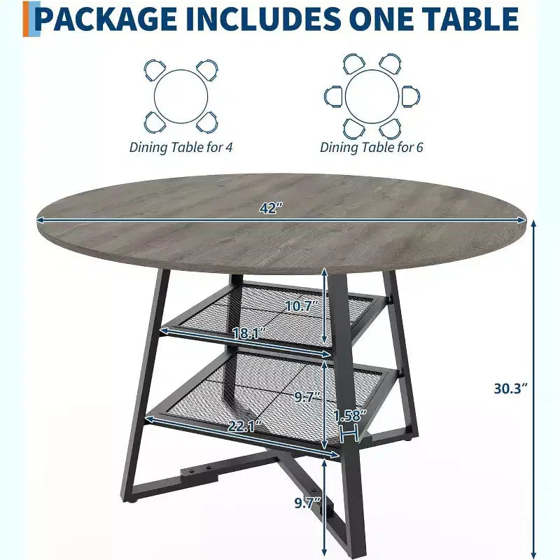 Table à manger ronde pour 4, Table de cuisine de 42 pouces avec étagère de rangement, Design de ferme en bois et métal, Table à manger familiale pour 4-6 personnes