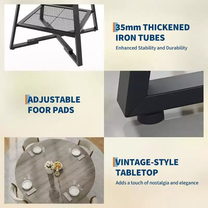 Table à manger ronde pour 4, Table de cuisine de 42 pouces avec étagère de rangement, Design de ferme en bois et métal, Table à manger familiale pour 4-6 personnes